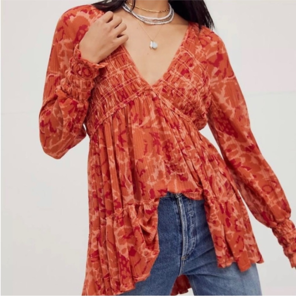 FREE PEOPLE Dark Romance Tunic Top In Merlot Combo Size XS